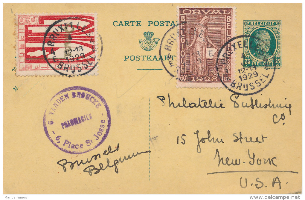 848/22 - Entier Postal Houyoux + TP Orval BRUXELLES 1929 Vers USA - Bel Affranchissement - Cartes Postales 1909-1934