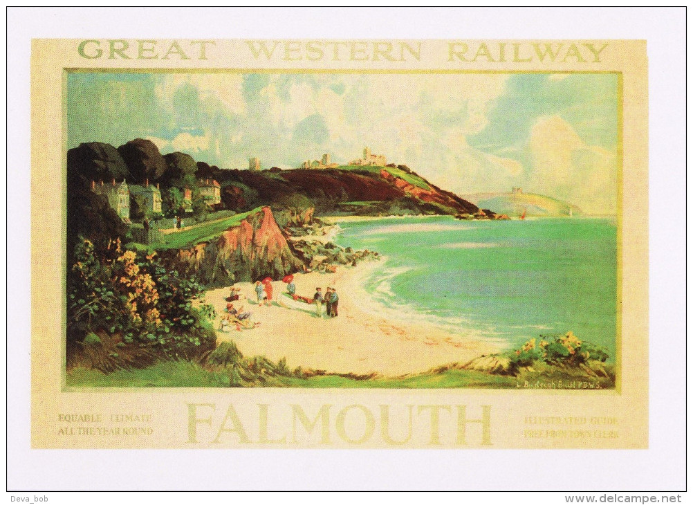 Railway Poster Art Postcard GWR Falmouth Beach Bay Boat Louis Burleigh Bruhl 1927 - Publicité