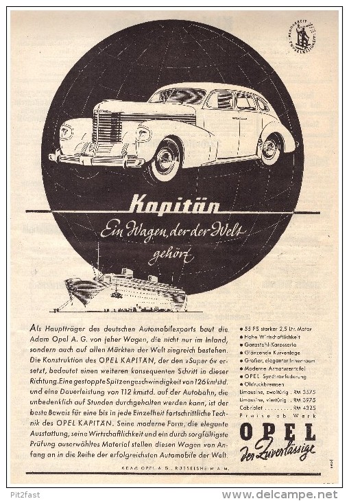 Original Werbung - 1938 - OPEL KAPITÄN - Rüsselsheim A.G. , Oldtimer !! - KFZ