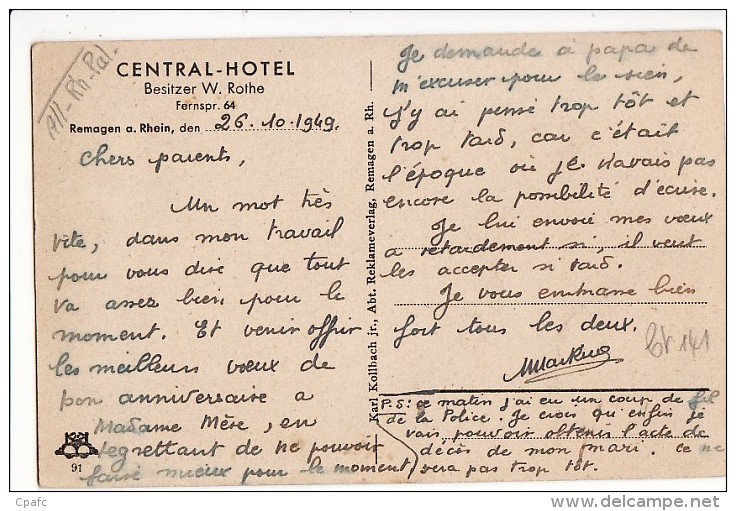 Allemagne - Central Hotel Besitzer W. Rothe Fernspr. 64 Remagen A Rhein - Remagen