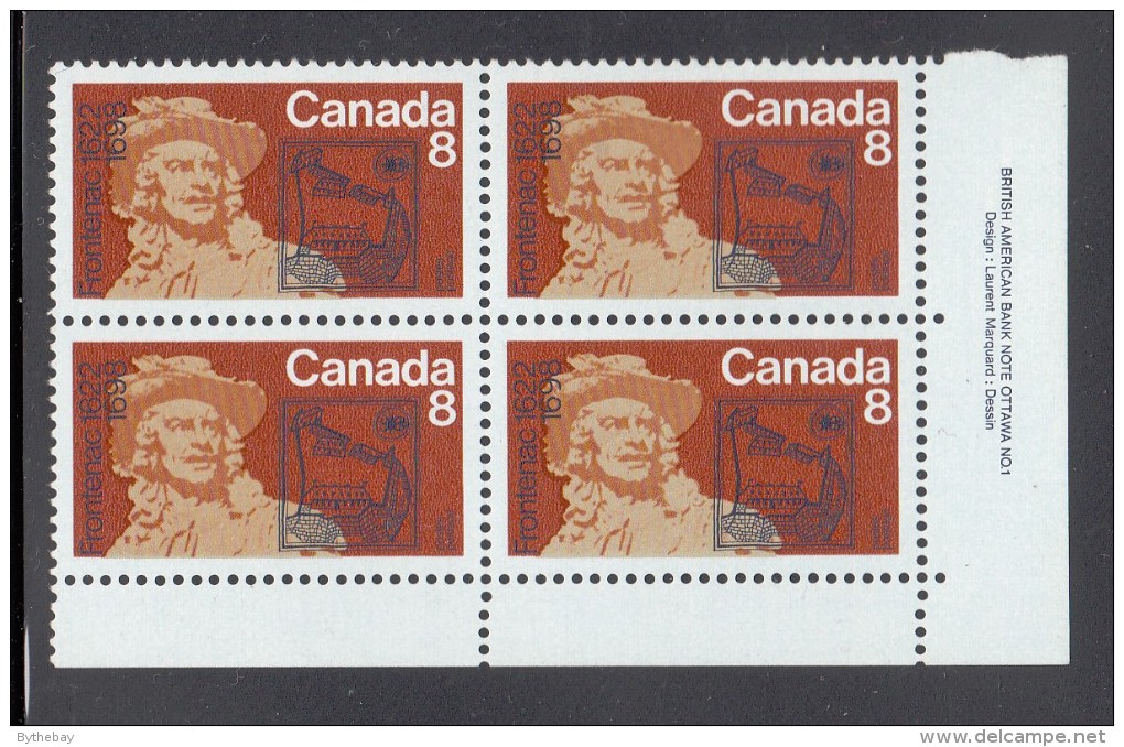 Canada MNH Scott #561 Lower Right Plate Block 8c Frontenac - Lower Right Stamp Is Missing Part Of '9' In '1698' - Errors, Freaks & Oddities (EFO)