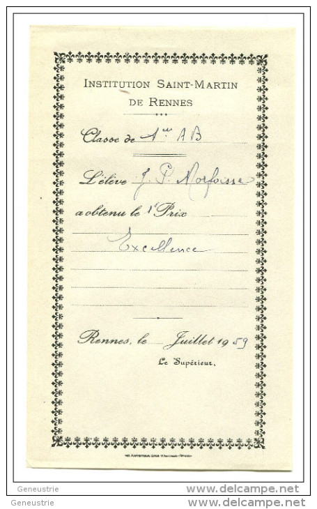 Petit Document "Prix D´excellence De L´Institut Saint Martin De Rennes" 1959 - Ille-et-Vilaine - Bretagne - Bon Point - Diplômes & Bulletins Scolaires