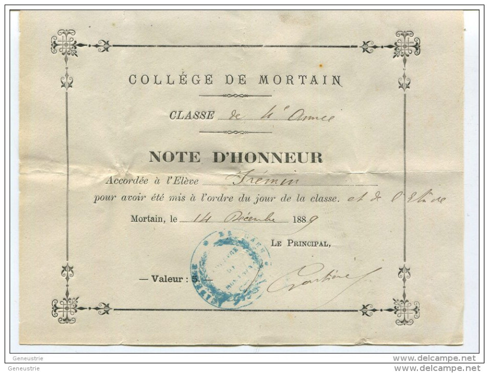 Note D´Honneur - Valeur: 5 - Collège De Mortain 1889 - Manche - Billet D´Honneur - Bon Point - Diplômes & Bulletins Scolaires