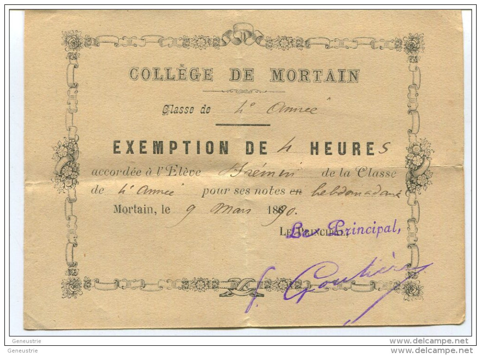 Exemption De 4 Heures - Collège De Mortain 1890 - Manche - Billet D´Honneur - Bon Point - Diplomi E Pagelle