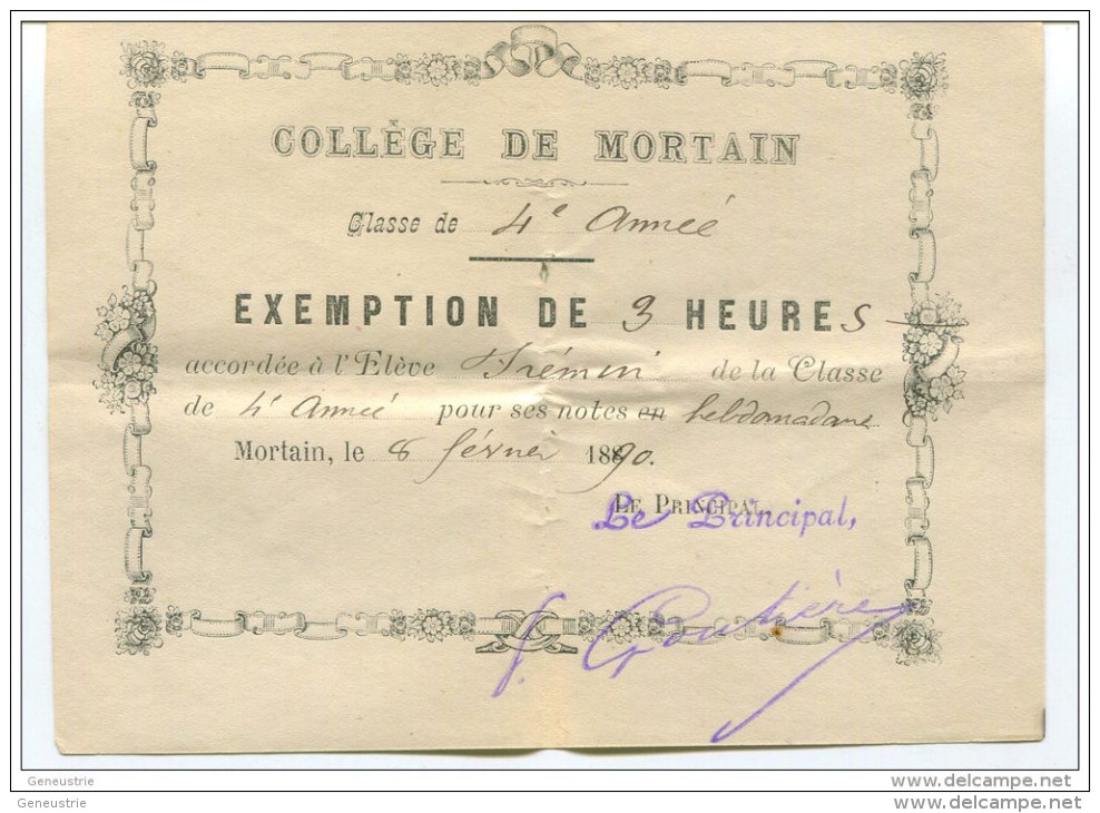 Exemption De 3 Heures - Collège De Mortain 1890 - Manche - Billet D´Honneur - Bon Point - Diplomi E Pagelle