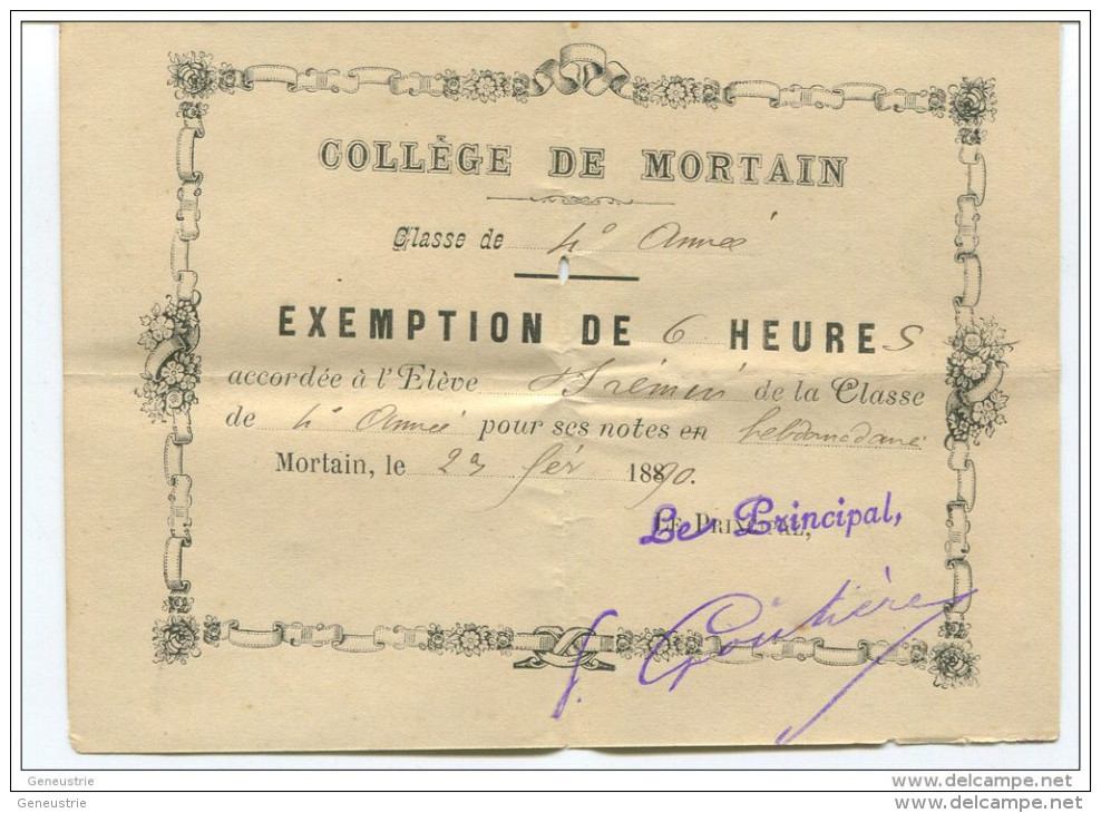 Exemption De 6 Heures - Collège De Mortain 1890 - Manche - Billet D´Honneur - Bon Point - Diplomi E Pagelle