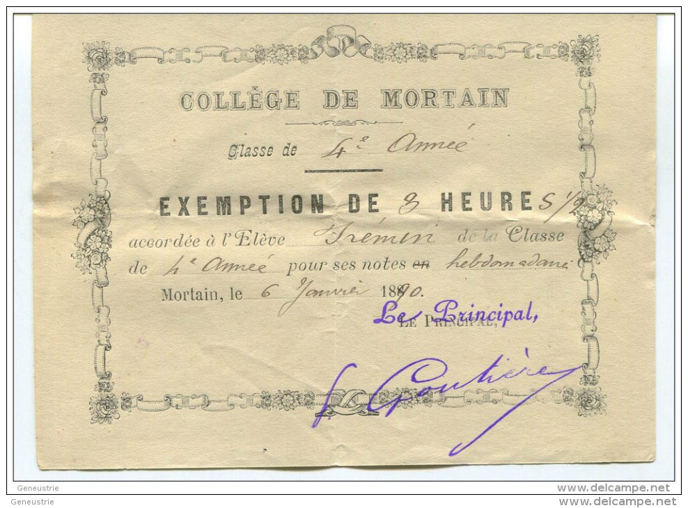Exemption De 3 Heures 1/2 - Collège De Mortain 1890 - Manche - Billet D´Honneur - Bon Point - Diplomi E Pagelle