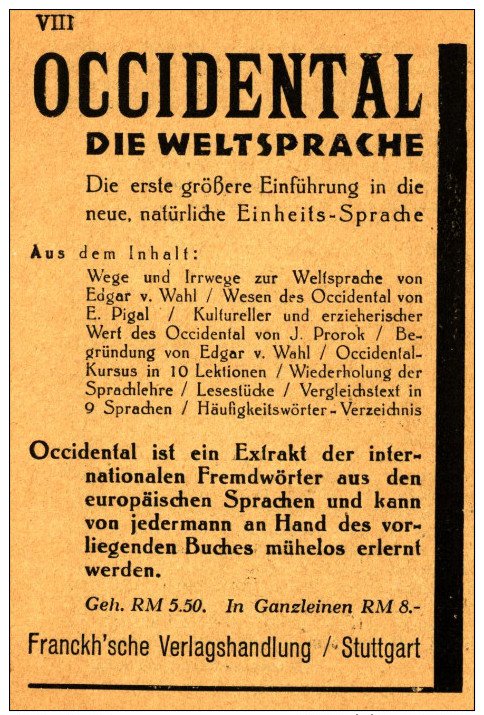Original-Werbung/ Anzeige 1930 - PLANSPRACHE OCCIDENTAL ( Heute: Interlingue )- Ca. 70 X 110 Mm - Publicités