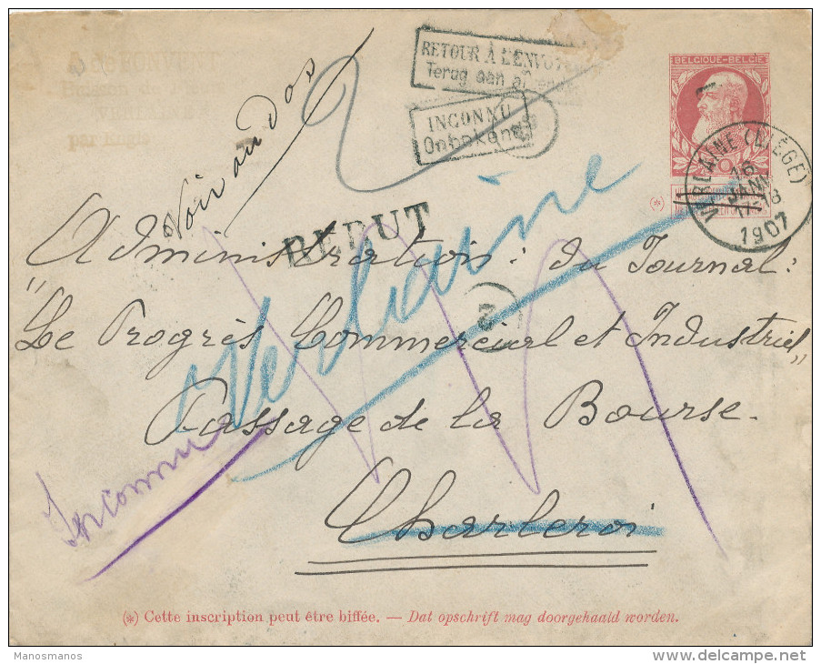 875/22 - Enveloppe Grosse Barbe VERLAINE Liège 1907 Vers CHARLEROI - Griffes INCONNU , RETOUR , REBUT - Enveloppes