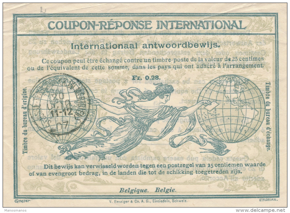 879/22 - Coupon-Réponse No 1 ST JOSSE TEN NOODE 20 Octo 1907 - Date RARE !!! -Catalogue SBEP = Paru Le 26.12.1907 - Coupons-réponse Internationaux