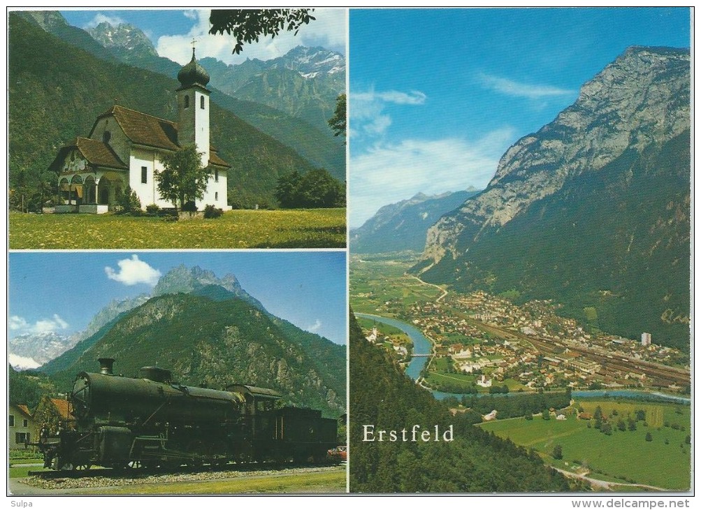 Erstfeld, 3 Bilder, Dampflokomotive, Kirche, Luftaufnahme - Erstfeld