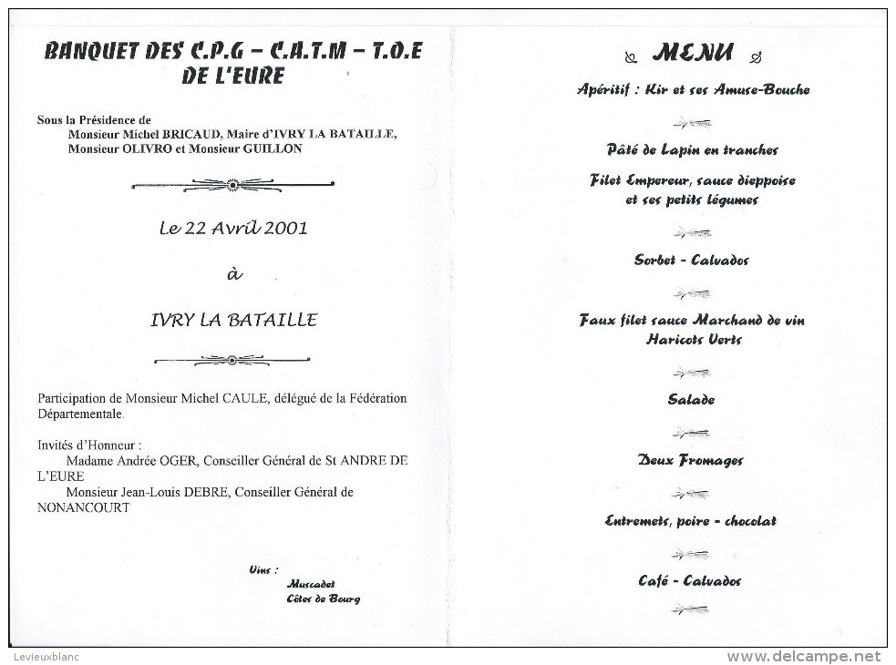 Menu/Association Départementale De L'Eure/CPG-CATM-TOE/Banquet / Ivry La Bataille/ 2001      MENU109 - Menus