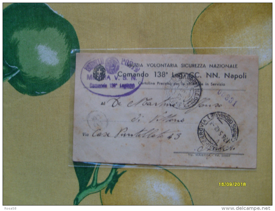 1942 Milizia Volontaria Nazionale Comando 138°Leg.CC.NN.Napoli Cartolina Precetto - Franchise