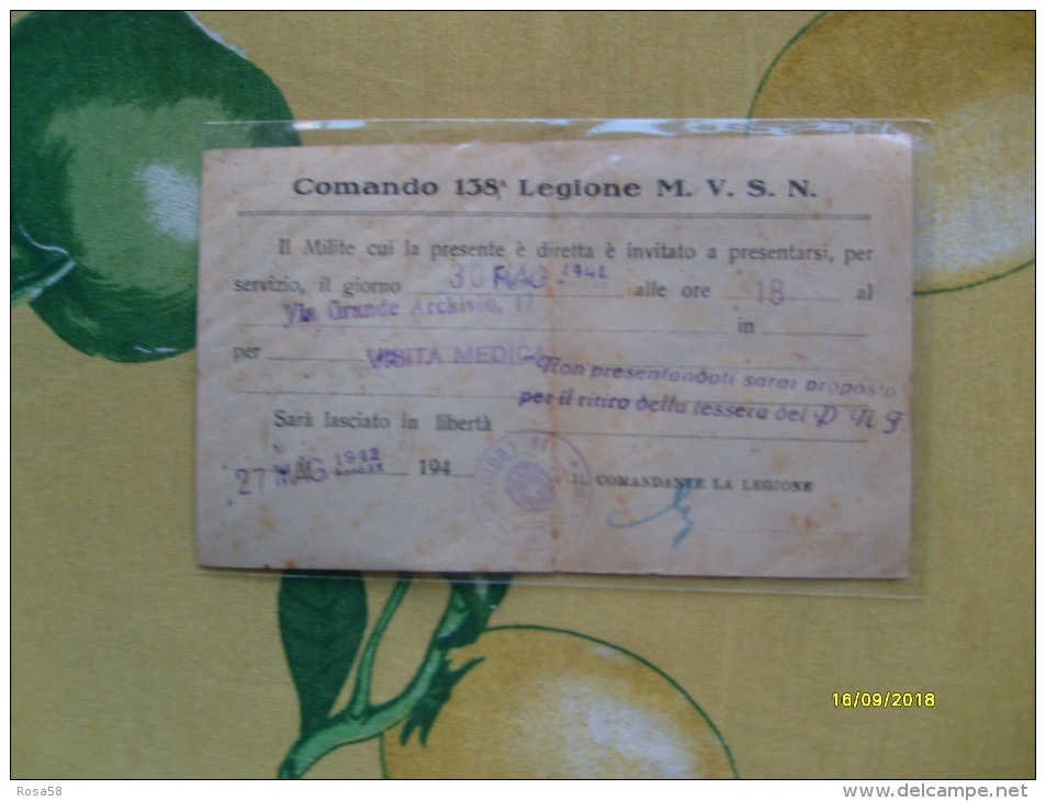 1942 Milizia Volontaria Nazionale Comando 138°Leg.CC.NN.Napoli Cartolina Precetto - Franchise