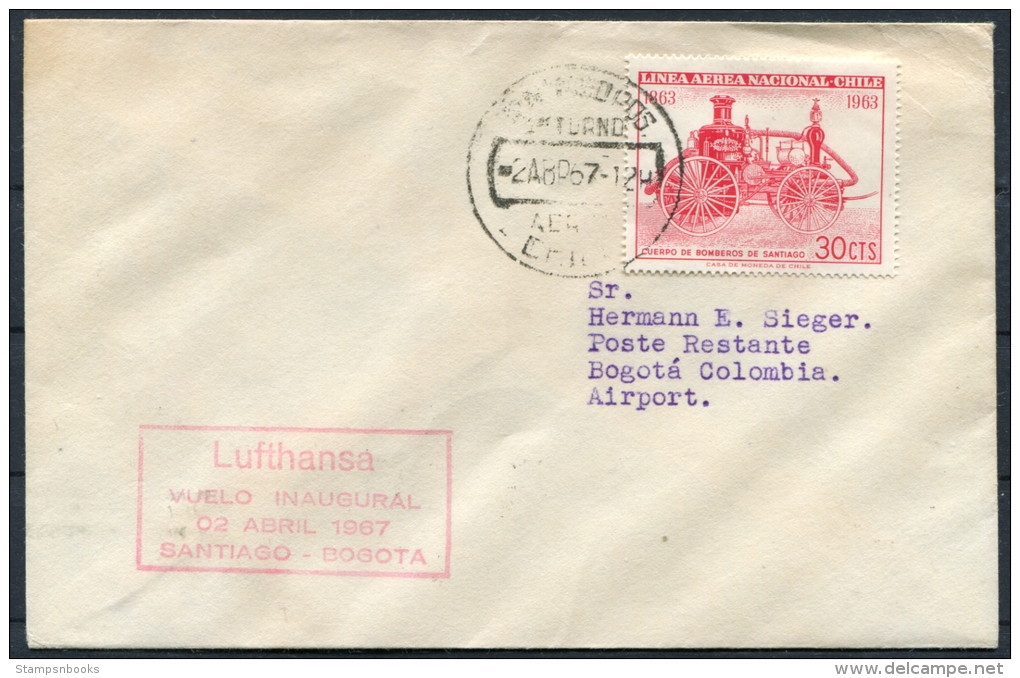 1967 Chile Colombia Lufthansa First Flight Cover Santiago - Bogota - Chili