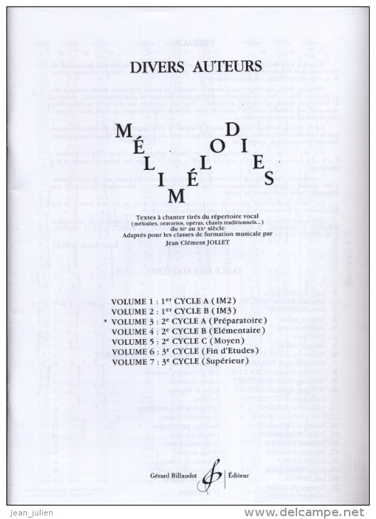 FORMATION MUSICALE - SOLFEGE - Melodies -  Volume 3 -  2ème Cycle A Preparatoire - Enseignement Jean Clement JOLLET - Opera