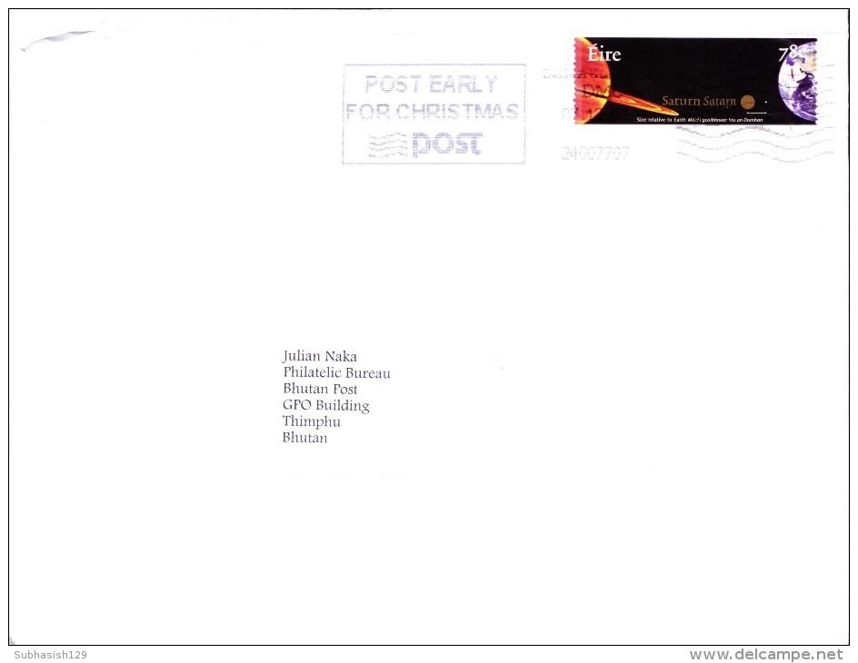 IRELAND COMMERCIAL COVER - POSTED FOR BHUTAN, SLOGAN CANCELLATION 'POST EARLY FOR CHRISTMAS POST' - Lettres & Documents