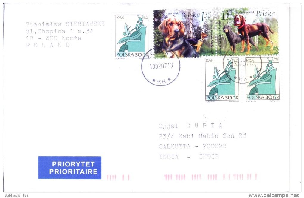 POLAND REGISTERED COVER 2007 - POSTED FROM LOMZA FOR INDIA, USE OF 2V SETENANT SET OF DOG STAMP - Covers & Documents