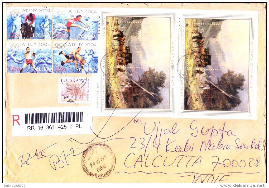 POLAND REGISTERED COVER 2007 - POSTED FROM LODZ FOR INDIA, USE OF 2V MINIATURE SHEET AND 4V STAMPS ON OLYMPIC AND OTHERS - Covers & Documents