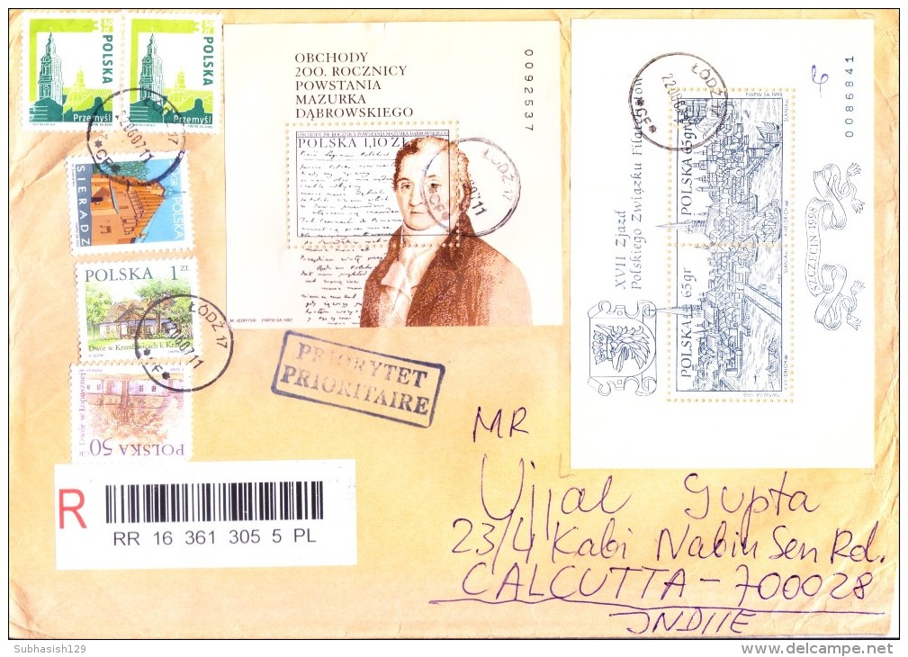 POLAND REGISTERED COVER 2007 - POSTED FROM LODZ FOR INDIA, USE OF 2V MINIATURE SHEET AND OTHR STAMPS - Covers & Documents