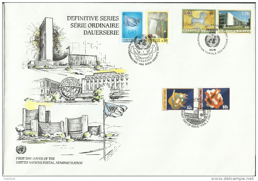 UNITED NATIONS ONU UN 1996 NEW YORK VIENNA WIEN GENEVE GENEVA PAINTINGS SET COMBO FDC QUADRI POSTAL ADMISTRATION - Gemeinschaftsausgaben New York/Genf/Wien