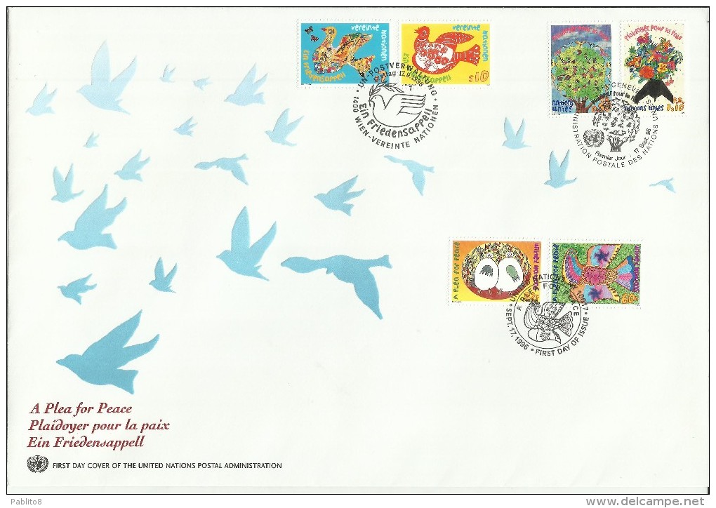 UNITED NATIONS ONU UN 1996 NEW YORK VIENNA WIEN GENEVE GENEVA PEACE PAIX PAZ PACE SET COMBO FDC - Emisiones Comunes New York/Ginebra/Vienna