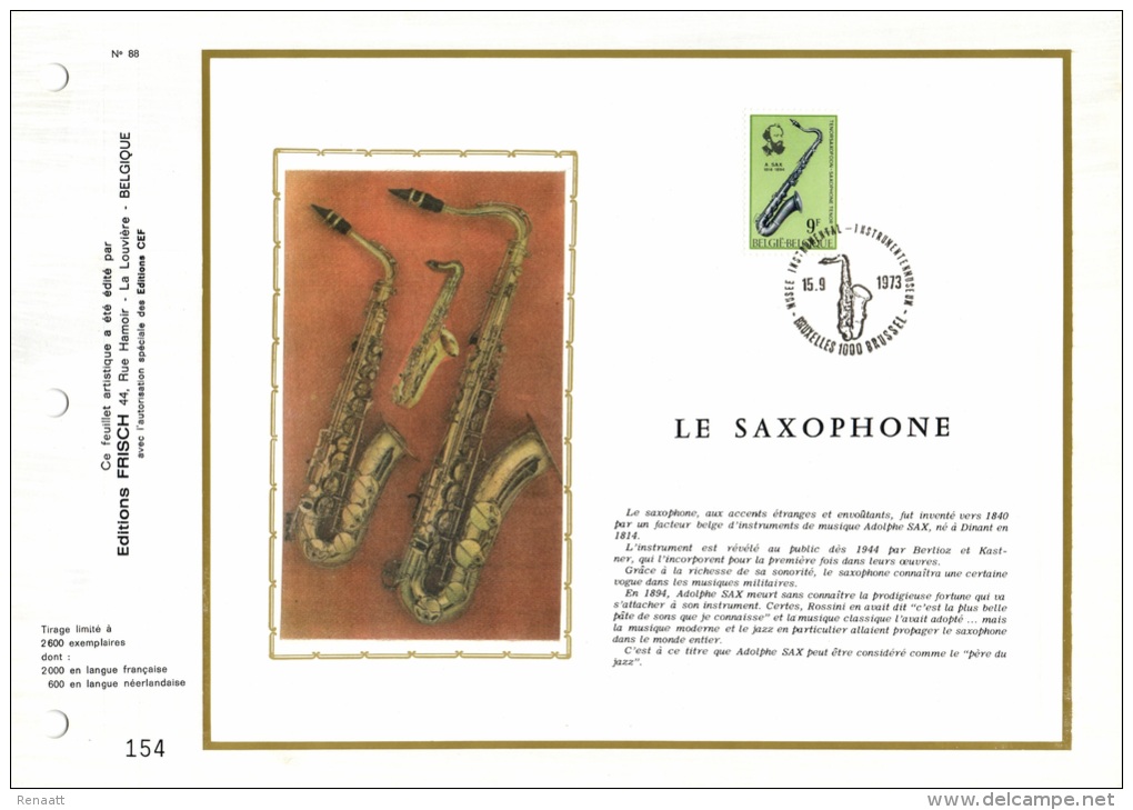 Belgium 1973 Mi. 1735 COB 1684 FD Commemoration Card, Adolphe Sax, Saxophone, Musical Instrument - Musica