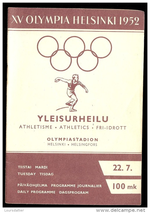 PROGRAMME JEUX OLYMPIA HELSINKI 1952 ATHLETISME 22 JUILLET - Other & Unclassified