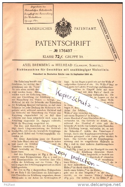 Original Patent - Axel Bremberg In Hillhead B. Glasgow , 1904 , Straightening Machine For Gun , Cannon , Scotland !!! - Documents