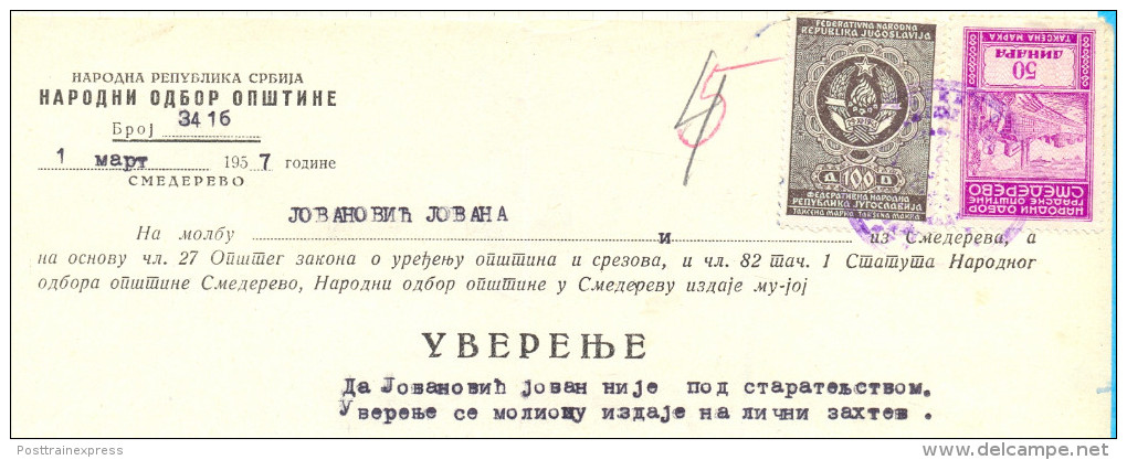 EX YU. Fiscal Revenue Tax Stamps On Document. State's And Smederevo Municipal's Stemp. 1957. - Covers & Documents