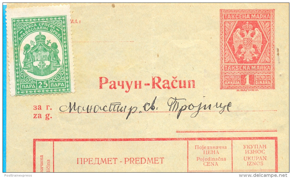 Kingdom YU. Fiscal  Imprinted Revenue Tax Stemps On Factura Document  And Ortodox Church Tax Stemp1934. - Storia Postale