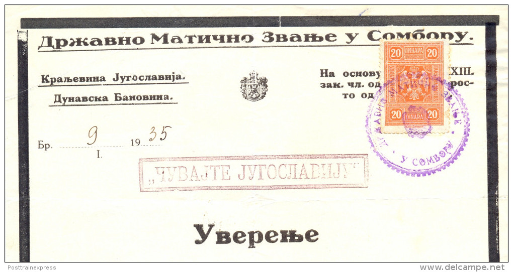 Kingdom YU. Fiscal  Revenue Tax Stemps On  Sombor Document . 1934. - Storia Postale