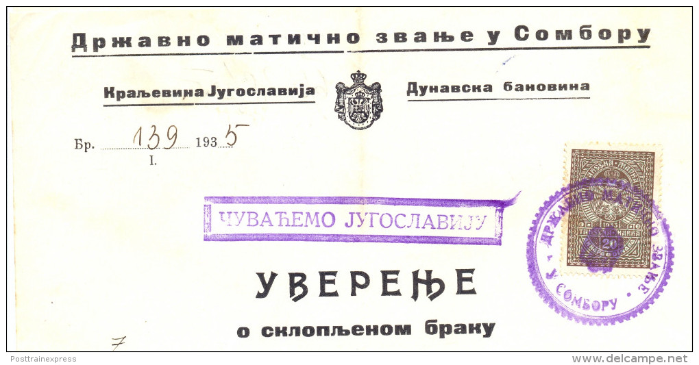 Kingdom YU. Fiscal  Revenue Tax Stemps On  Sombor Document . 1934. - Storia Postale