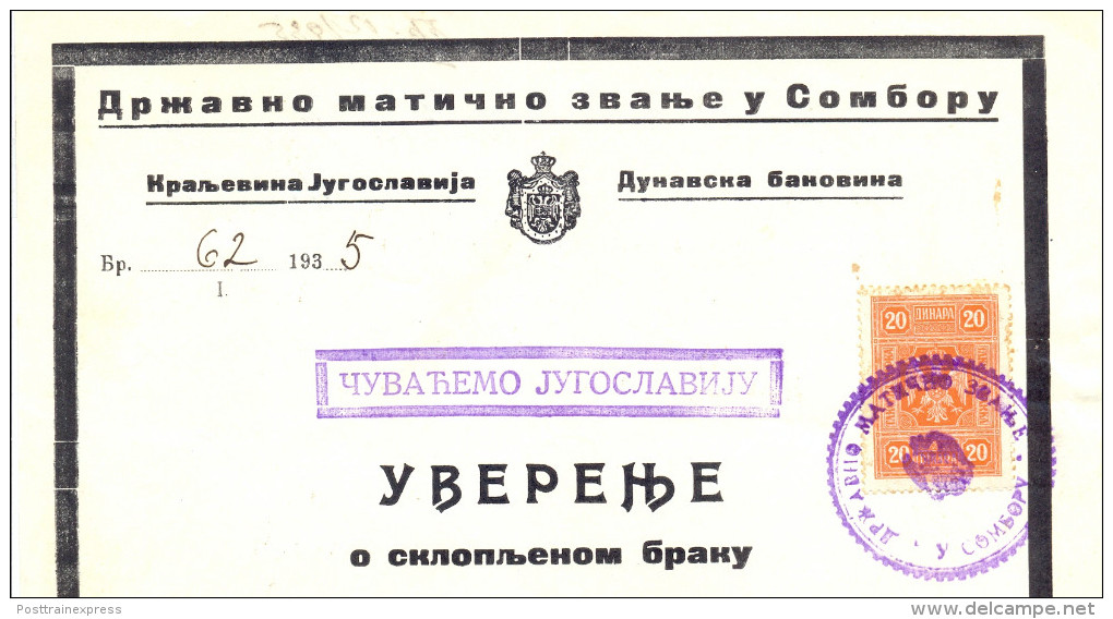 Kingdom YU. Fiscal  Revenue Tax Stemps On  Sombor Document . 1934. - Covers & Documents