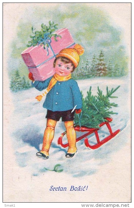 AK WEIHNACHTEN KINDER  JUNGE  SCHLITTEN M.D.O. Nr. 547.  Weihnachtsbaum ALTE POSTKARTEN 1937 - Sonstige & Ohne Zuordnung