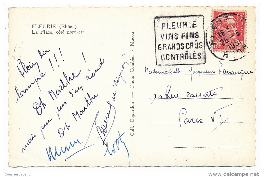 FRANCE - CPSM Depuis FLEURIE (Rhône)  - Daguin "FLEURIE / Vins Fins / Grands Crus / Contrôlés" 1951 - Oblitérations Mécaniques (Autres)