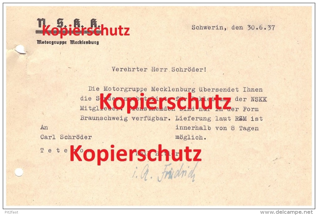 Brief Der NSKK Motorgruppe Mecklenburg An Carl Schröder , Bergring Teterow , Bergringrennen 1937 , Motorsport !!! - Motor Bikes