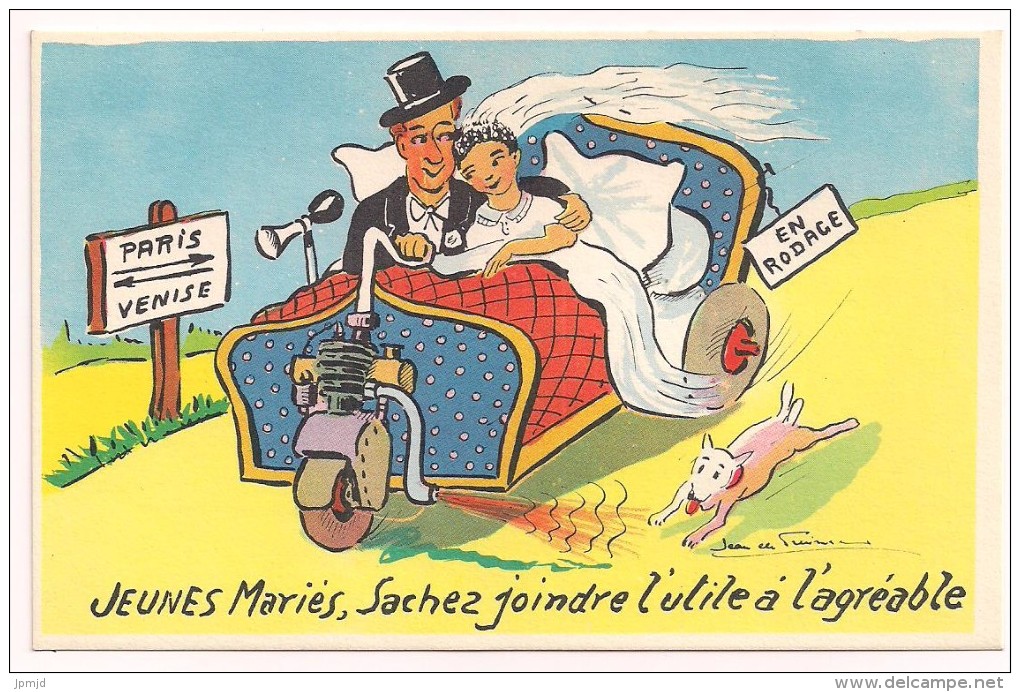 Jeunes Mariés Sachez Joindre L'utile à L'agréable - En Rodage - Couple Lit Humour Chien - Illustrateur Jean De Preissac - Preissac