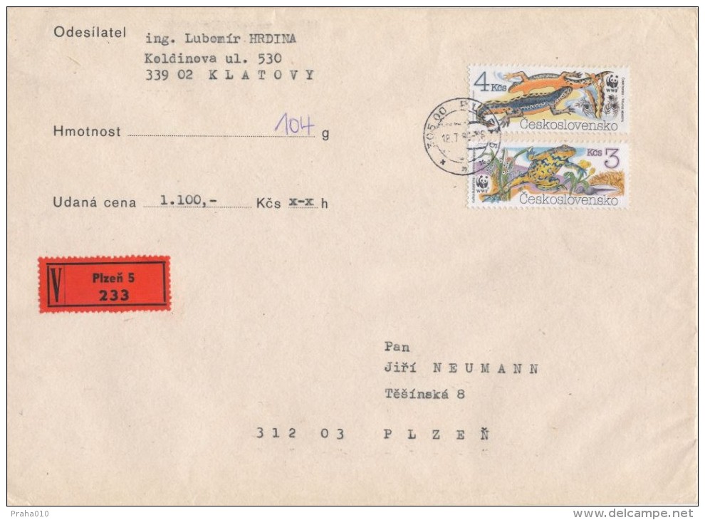 I7375 - Czechoslovakia (1989) 305 00 Plzen 5; WWF Stamps (4,00 CSK, 3,00 CSK) V-letter - First Day Cover (18.07.1989)! - Lettres & Documents