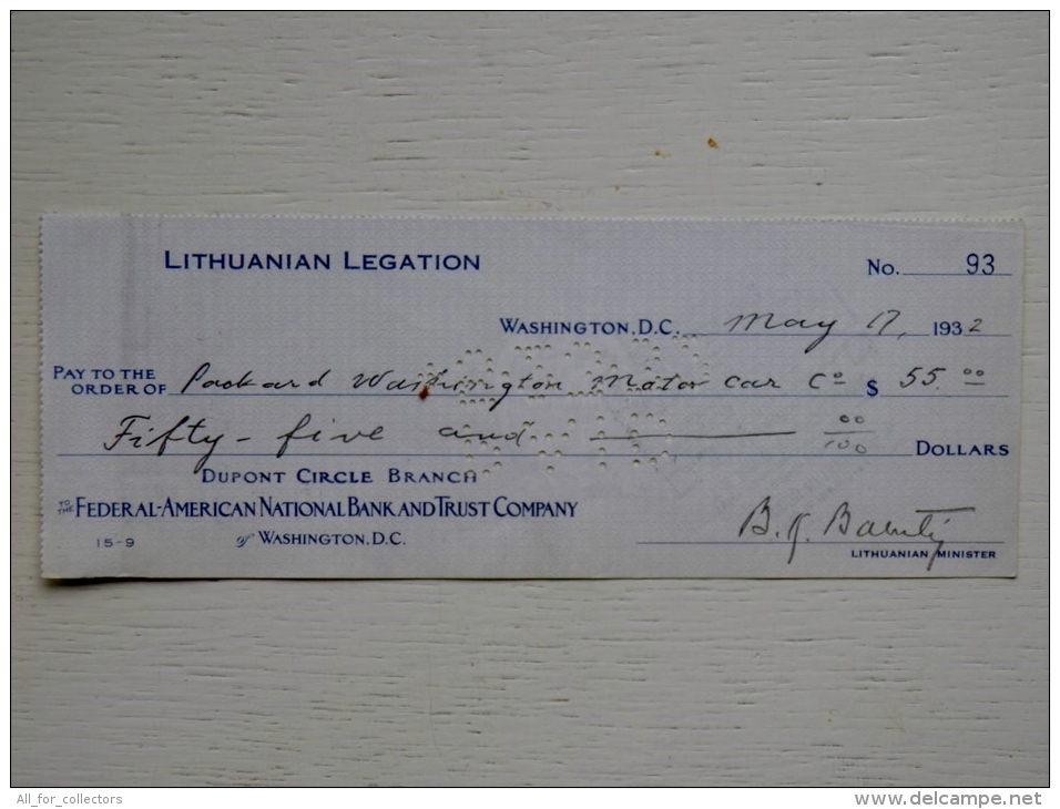 Sale! Old 1932 Year Bank Cheque Check From Lithuania Lithuanian Legation 2 Scans Bill Of Exchange USA - Lituania