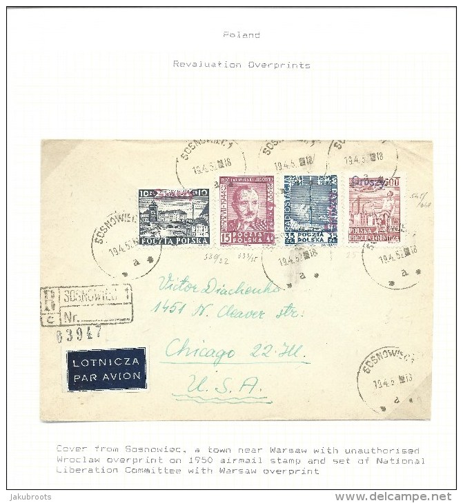 1950. REGISTERED  COVER , AIRMAIL SOSNOWIEC--CHICAGO. WITH " GROSZY " OVERPRINT - Covers & Documents