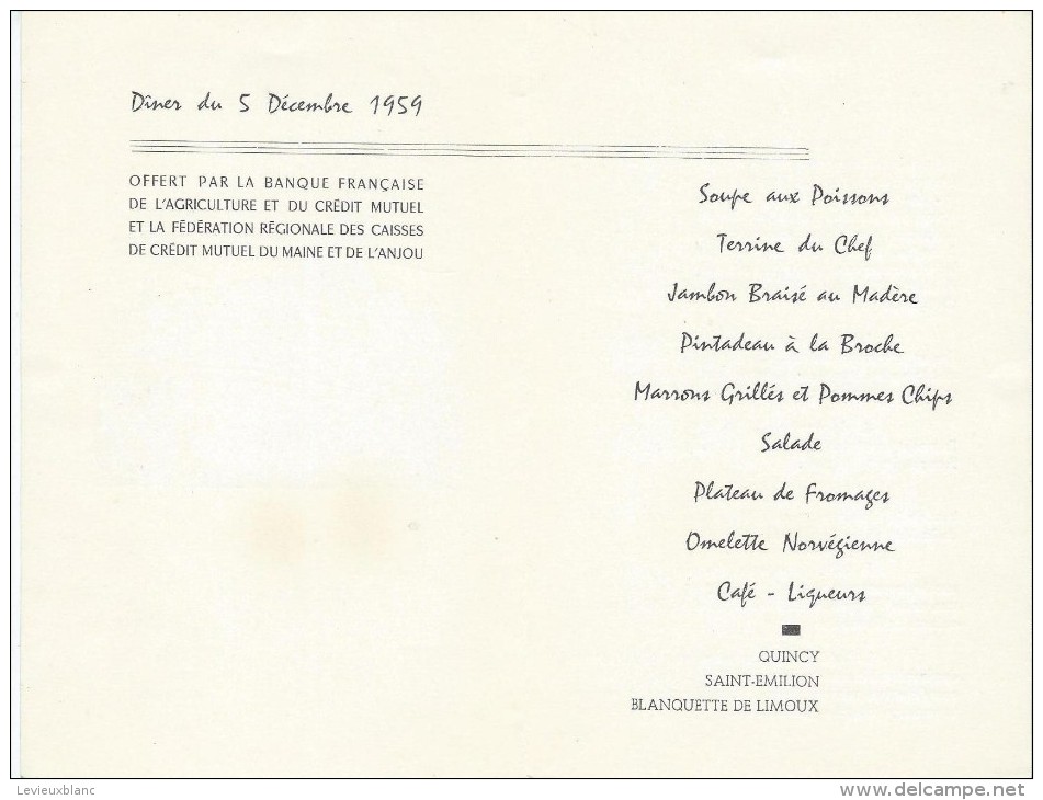 Diner/ Banque Française D'Agriculture Et Du Crédit Mutuel/ Laval/ 1959        MENU120 - Menus