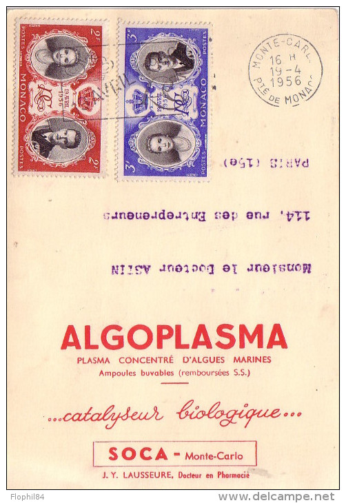 MONACO - COLLECTION SOCA - ALGOPLASMA - PLASMA CONCENTRE D´ALGUES MARINES - LE 19-4-1956. - Covers & Documents