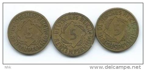 Republique De Weimar 5 Rentenpfennig 1924 A 1924 G Reichspfennig 1924 J - 5 Rentenpfennig & 5 Reichspfennig