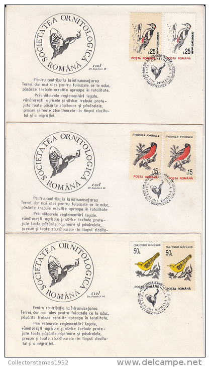 2262- BIRDS, WOODPECKER, ORIOLE, BULLFINCH, SPECIAL COVER, 3X, DIFFERENT WATERMARKS, 2000, ROMANIA - Piciformes (pájaros Carpinteros)