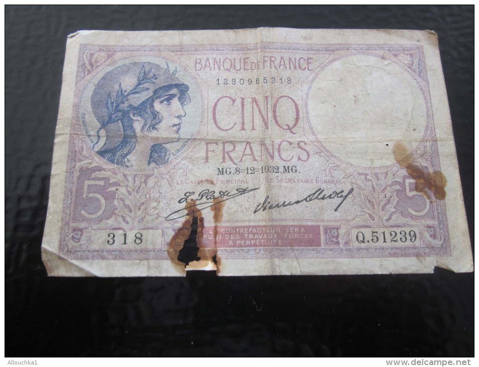 Billet De La Banque De France &gt;1932  VIOLET   &gt;&gt; 5F Cinq Francs  &gt;&gt;&gt;&gt;    Vendu En L'état - 5 F 1917-1940 ''Violet''