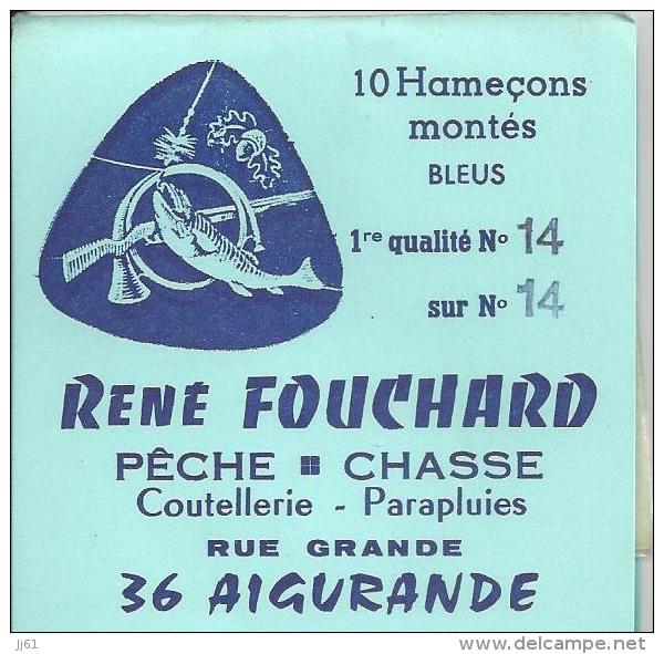 AIGURANDE CARNET POCHETTE DE 10 HAMECONS MONTES BLEU N° 14 COMPLET ETS RENE FOUCHARD PECHE CHASSE COUTELLERIE PARAPLUIES - Pesca