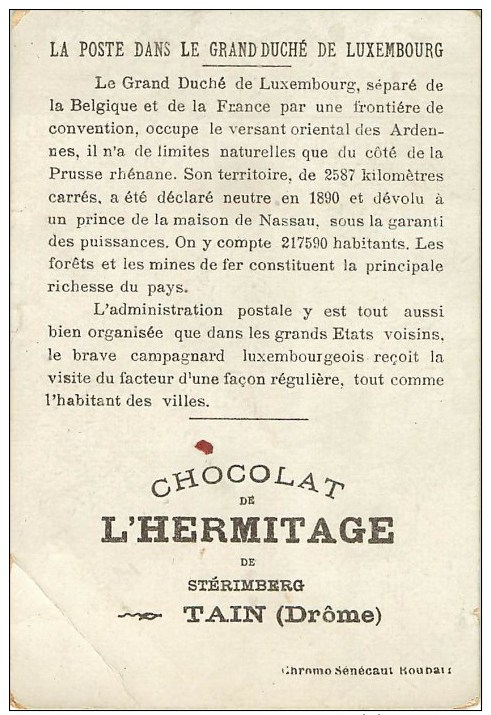 Chromo Chocolat L´hermitage  La Poste Du Duché Du Luxembourg - Other & Unclassified