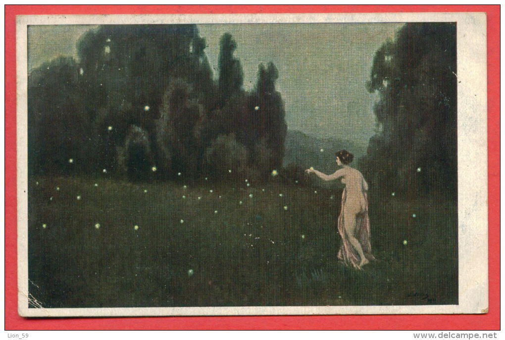 152652 / Germany  Art Walther Witting - FIREFLY , GLÜHWÜRMCHEN , NUDE WOMAN - POSTGE DUE VARNA Bulgaria LACK OF STAMPS - Peintures & Tableaux