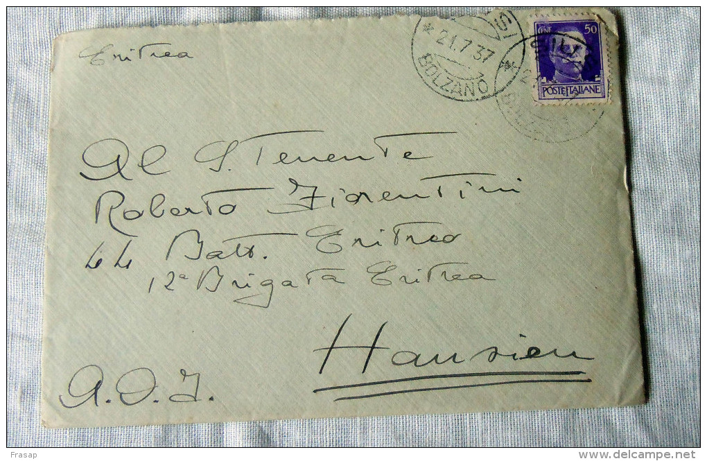 FASCIST LETTRE D´ITALIE PAR AVION POUR L´ ERITHREE  COVER AIRMAIL - Ethiopia